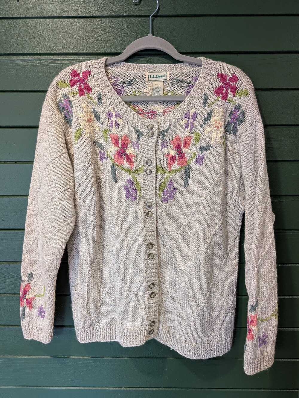 L.L. Bean Beige Floral Knit Button-Up Sweater